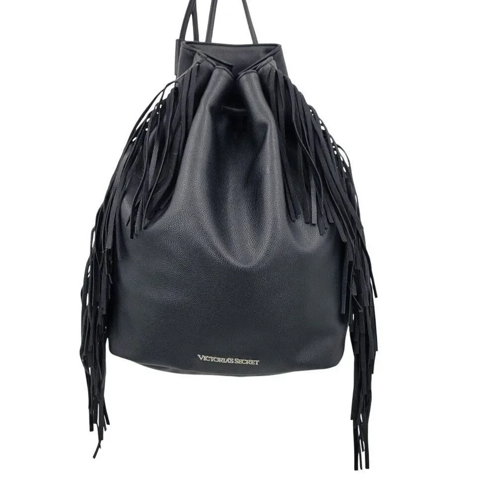 Victorias Secret Black Fringe Faux Leather Backpack Shoulder Bag‎ Boho Biker